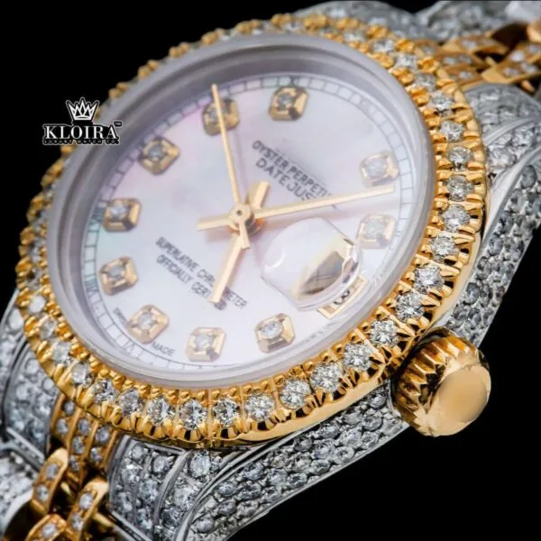 Pink Dial Diamond Markers Two Tone Moissanite Diamond Watch Full Close Up Dial View