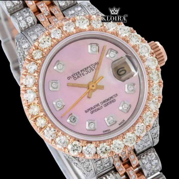 Pink Dial Diamond Markers Two Tone Rose Gold Moissanite Watch Close Up Dial View