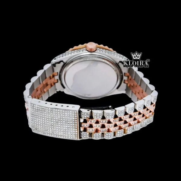 Pink Dial Yellow Roman Numerals Fully Iced Out Moissanite Diamond Watch Caseback View