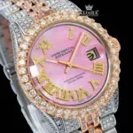 Pink Dial Yellow Roman Numerals Fully Iced Out Moissanite Diamond Watch Close Up Dial View