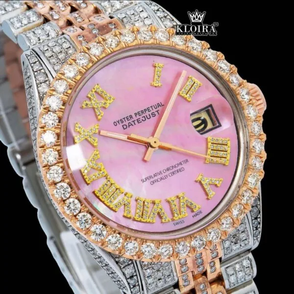 Pink Dial Yellow Roman Numerals Fully Iced Out Moissanite Diamond Watch Close Up Dial View