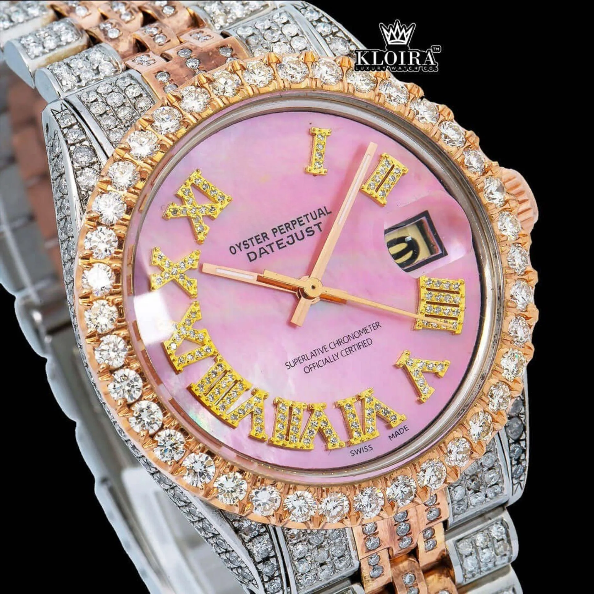 Pink Dial Yellow Roman Numerals Fully Iced Out Moissanite Diamond Watch Close Up Dial View