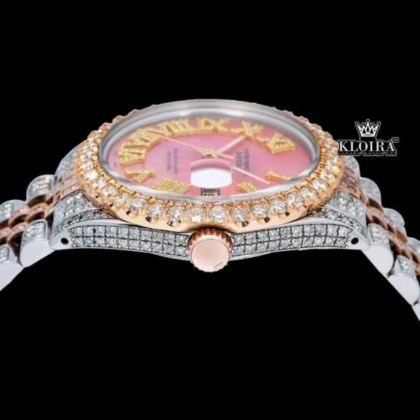 Pink Dial Yellow Roman Numerals Fully Iced Out Moissanite Diamond Watch Crown View