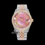 Pink Dial Yellow Roman Numerals Fully Iced Out Moissanite Diamond Watch Front View