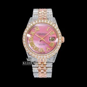 Pink Dial Yellow Roman Numerals Fully Iced Out Moissanite Diamond Watch