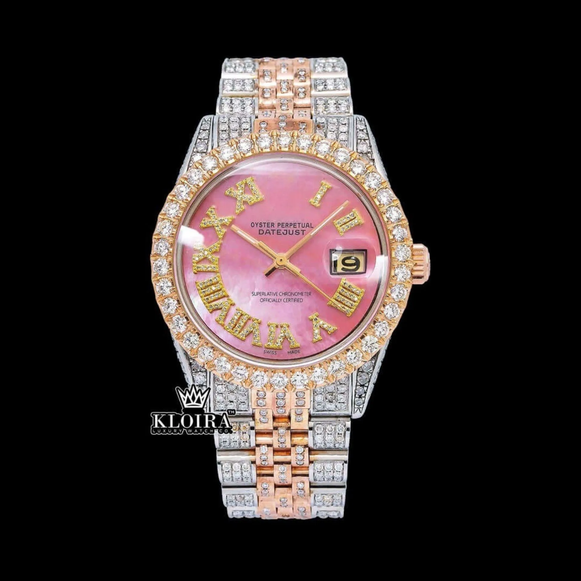 Pink Dial Yellow Roman Numerals Fully Iced Out Moissanite Diamond Watch Front View