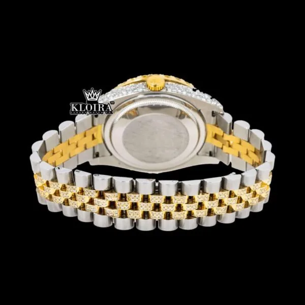 Pink Floral Dial Diamond Markers Two Tone Iced Out Moissanite Watch Caseback View