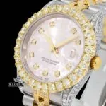 Pink Floral Dial Diamond Markers Two Tone Iced Out Moissanite Watch Close Up Dial View