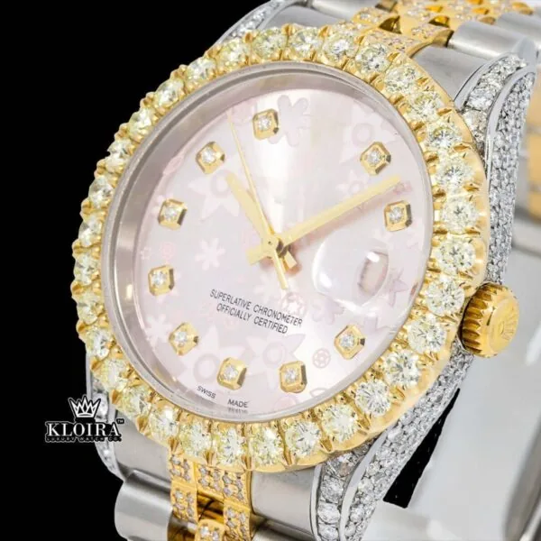 Pink Floral Dial Diamond Markers Two Tone Iced Out Moissanite Watch Close Up Dial View