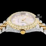 Pink Floral Dial Diamond Markers Two Tone Iced Out Moissanite Watch Crown View