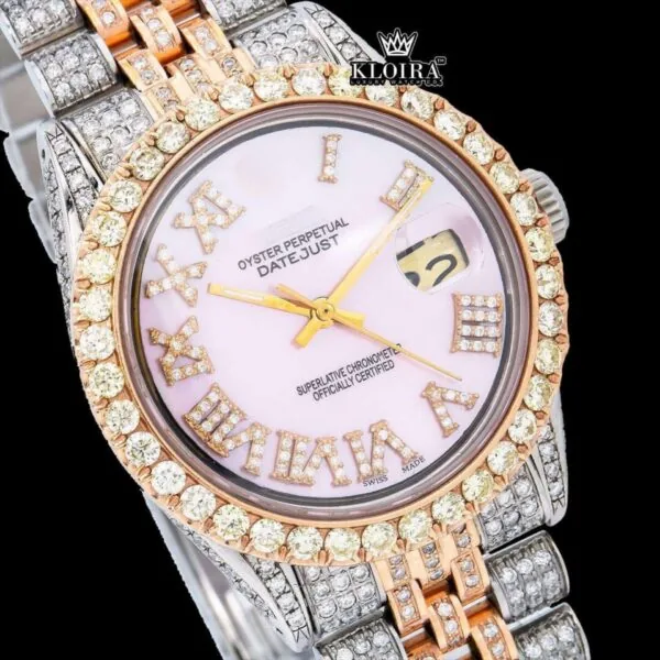 Pink Roman Dial Two Tone Iced Out Moissanite Watch Close Up Dial View