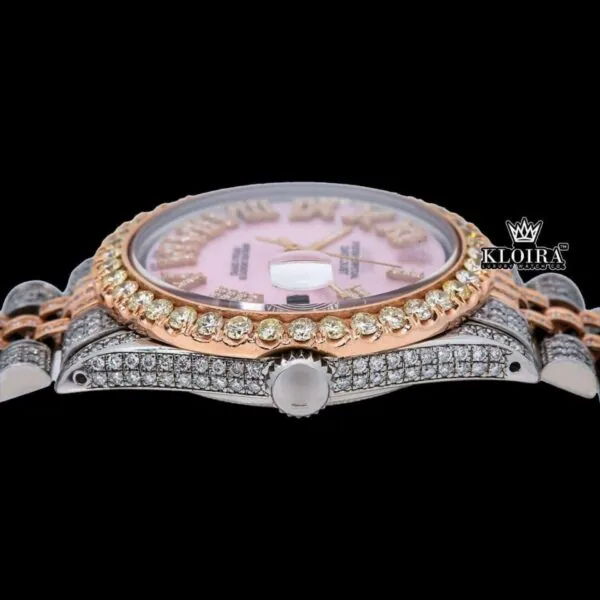 Pink Roman Dial Two Tone Iced Out Moissanite Watch Crown View