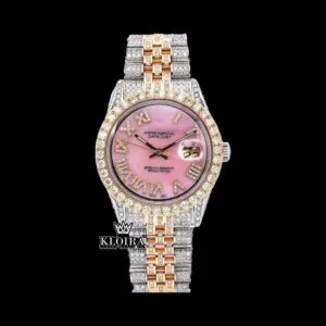 Pink Roman Dial Two Tone Iced Out Moissanite Watch