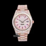 Purple Stick Markers Dial Day-Date Window Rose Gold Moissanite Watch