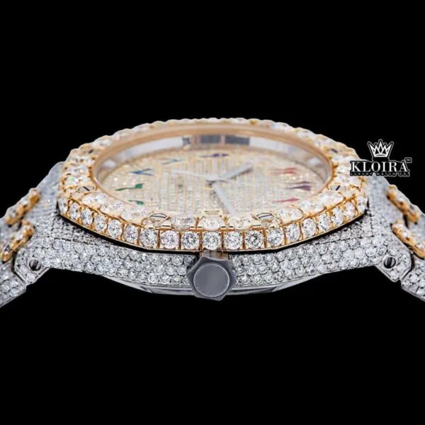 Rainbow Arabic Dial Two Tone Iced Out Moissanite Diamond Watch Crown View