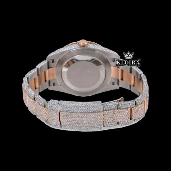 Rainbow Arabic Numerals Dial Date Display Two Toane Moissanite Watch Caseback View