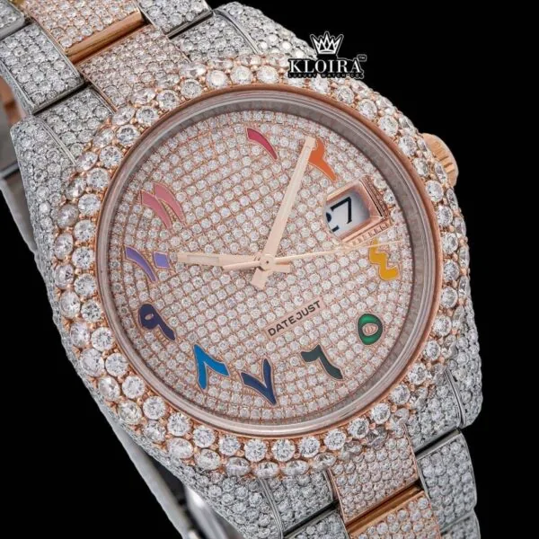 Rainbow Arabic Numerals Dial Date Display Two Toane Moissanite Watch Close Up Dial View