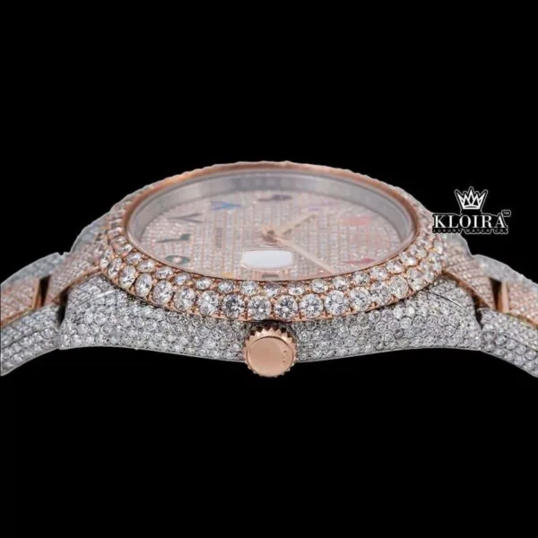 Rainbow Arabic Numerals Dial Date Display Two Toane Moissanite Watch Crown View