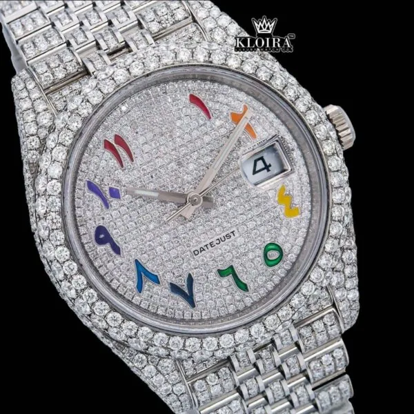 Rainbow Arabic Numerals Dial Full Iced Out Royal Link Strap Moissanite Watch Close Up Dial View
