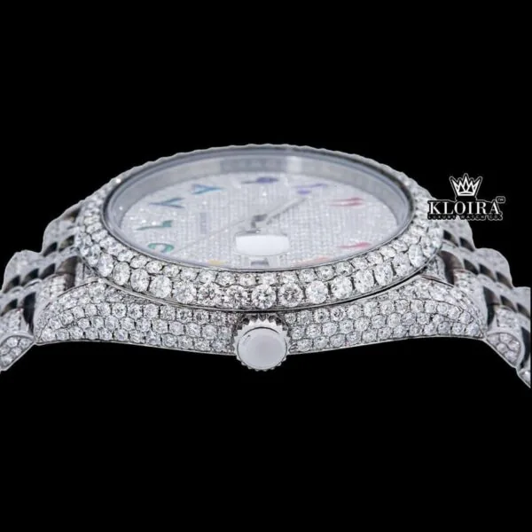 Rainbow Arabic Numerals Dial Full Iced Out Royal Link Strap Moissanite Watch Crown View
