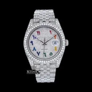 Rainbow Arabic Numerals Dial Full Iced Out Royal Link Strap Moissanite Watch