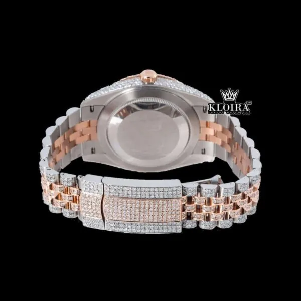 Rainbow Arabic Numerals Dial Two Tone Rose Gold Moissanite Watch Caseback View