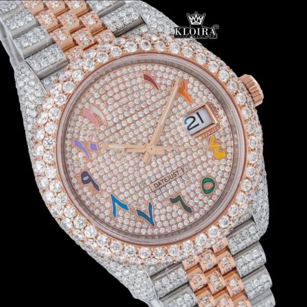 Rainbow Arabic Numerals Dial Two Tone Rose Gold Moissanite Watch Close Up Dial View