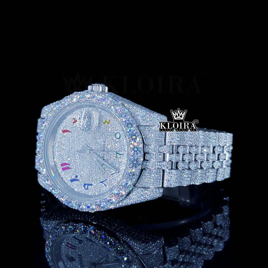 Rainbow Arabic Numerals White Dial Diamond Link Strap Moissanite Watch Left Profile View