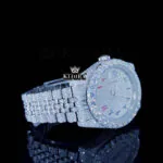 Rainbow Arabic Numerals White Dial Diamond Link Strap Moissanite Watch Right Profile View
