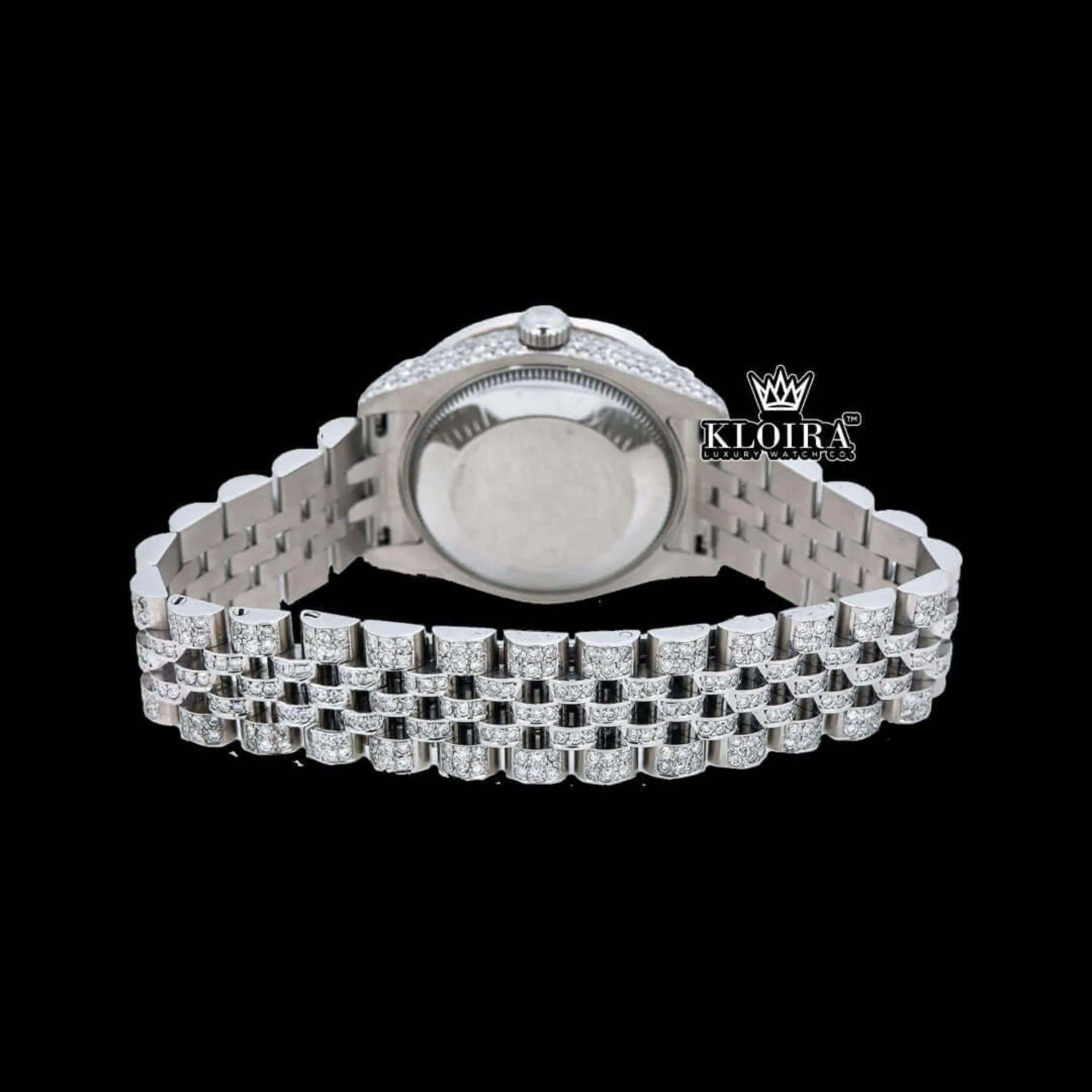 Rainbow Arabic Numerals White Dial Iced Out Moissanite Diamond Watch Caseback View