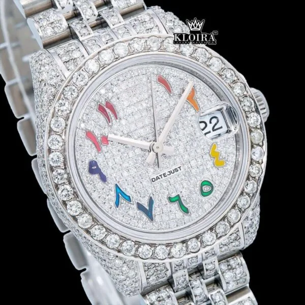 Rainbow Arabic Numerals White Dial Iced Out Moissanite Diamond Watch Close Up Dial View