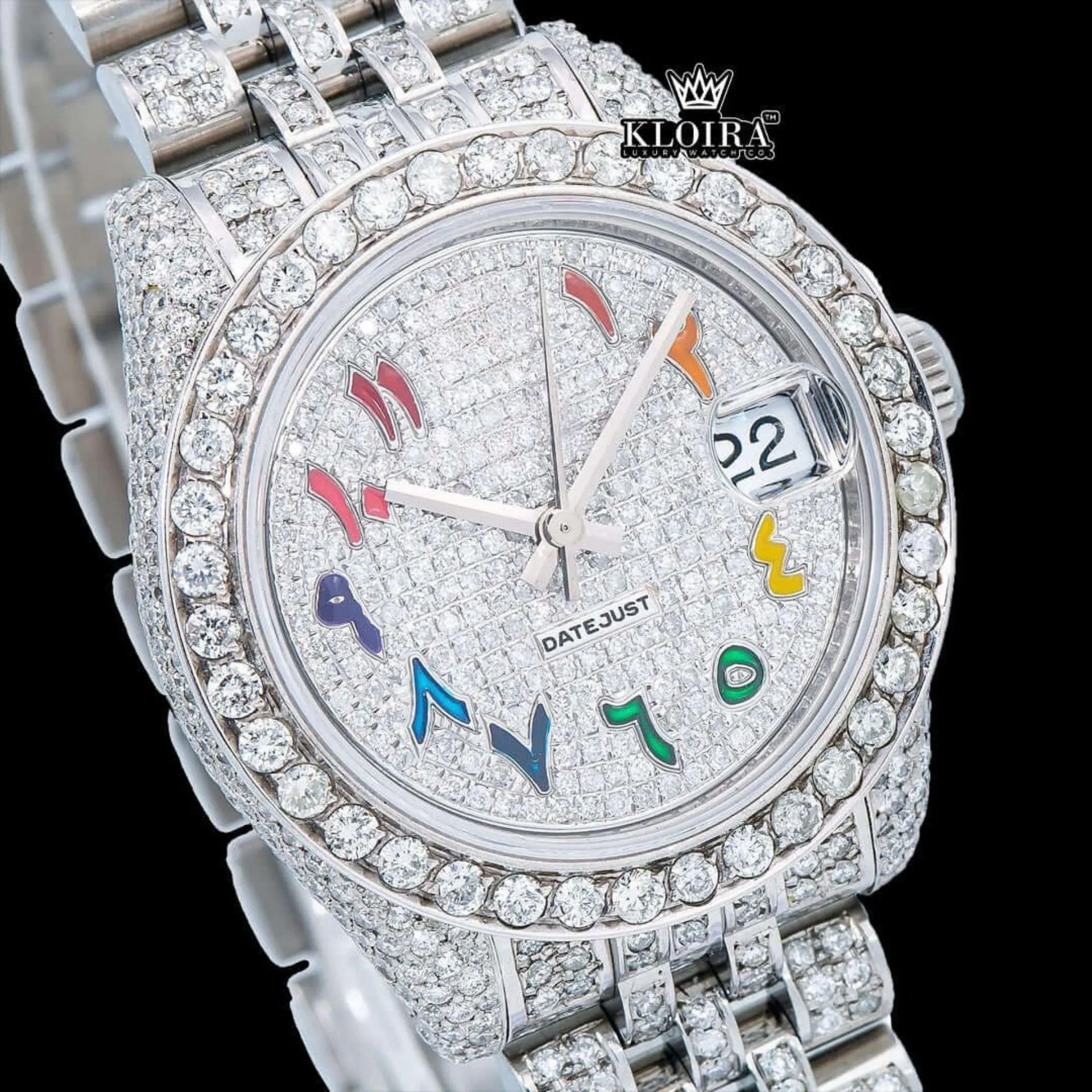 Rainbow Arabic Numerals White Dial Iced Out Moissanite Diamond Watch Close Up Dial View