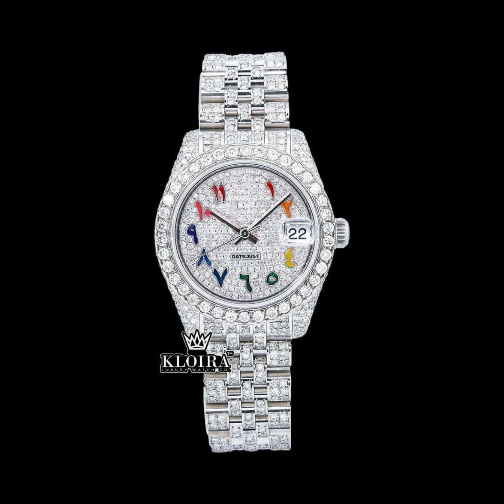 Rainbow Arabic Numerals White Dial Iced Out Moissanite Diamond Watch Front View