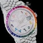 Rainbow Bezel Arabic Numerals Iced Out Moissanite Diamond Watch Close Up Dial View