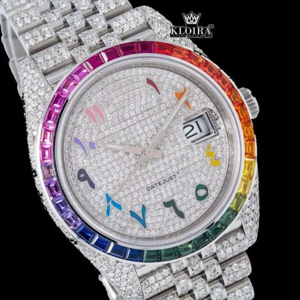 Rainbow Bezel Arabic Numerals Iced Out Moissanite Diamond Watch Close Up Dial View