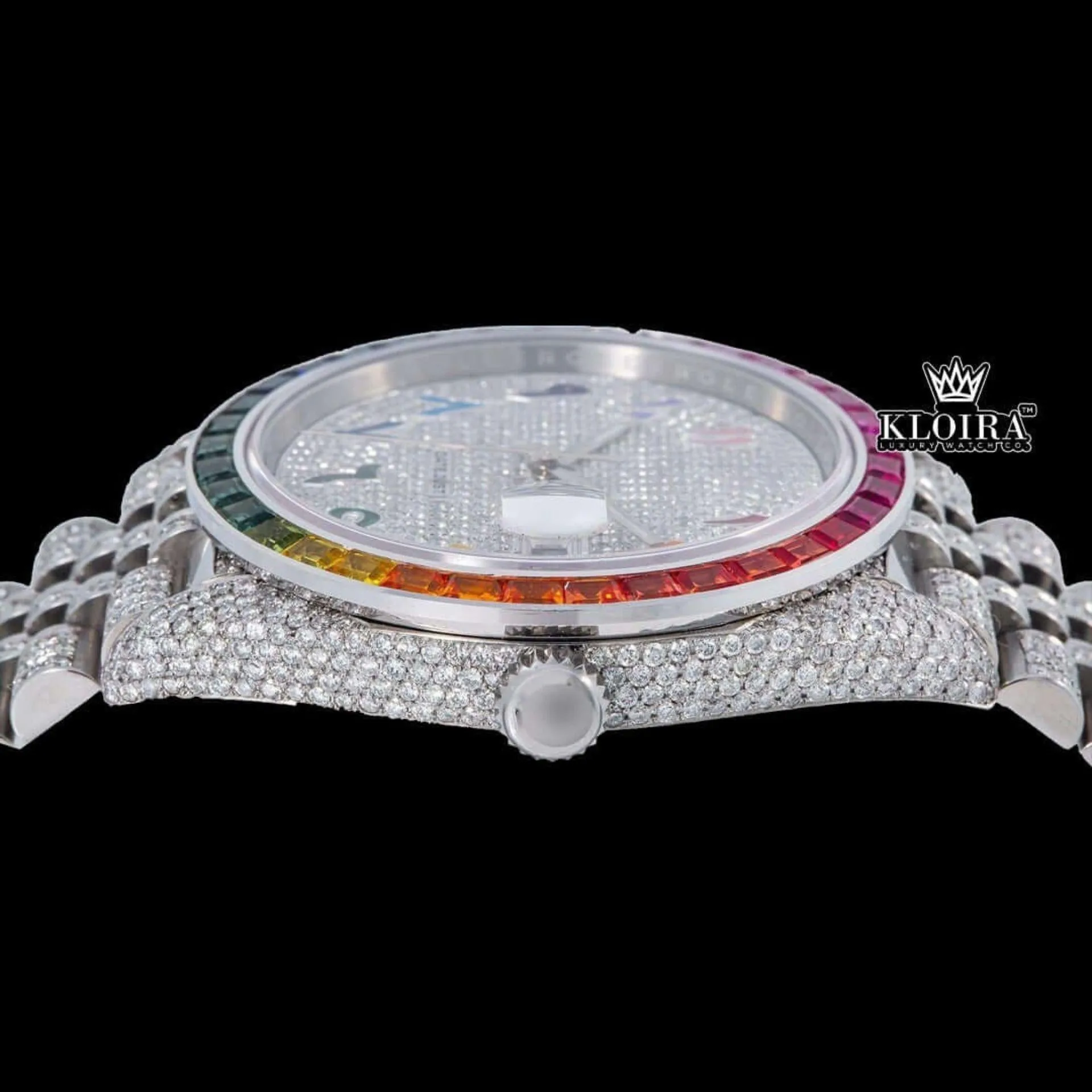 Rainbow Bezel Arabic Numerals Iced Out Moissanite Diamond Watch Crown View
