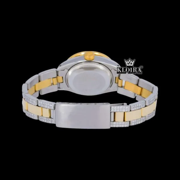 Rainbow Bezel Blue Dial Diamond Markers Two Tone Moissanite Watch Caseback View