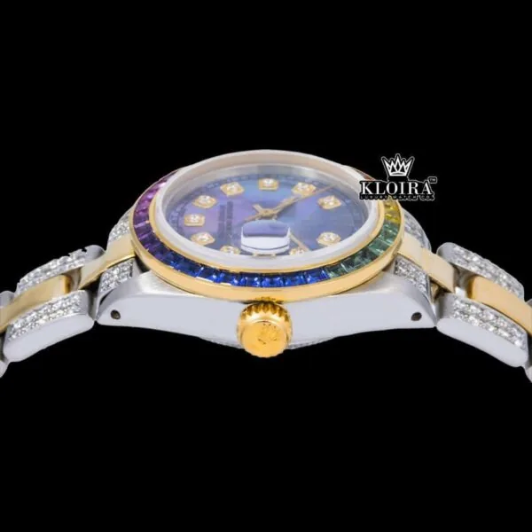 Rainbow Bezel Blue Dial Diamond Markers Two Tone Moissanite Watch Crown View
