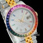 Rainbow Bezel Diamond Markers Two Tone Moissanite Watch Close Up Dial View