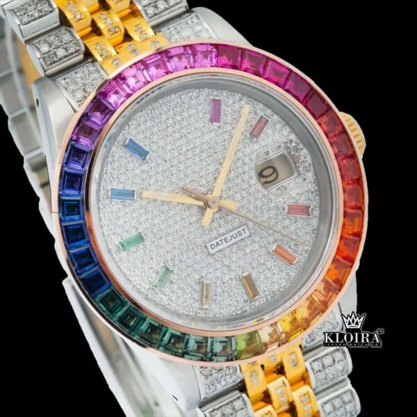 Rainbow Bezel Diamond Markers Two Tone Moissanite Watch Close Up Dial View