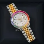 Rainbow Bezel Diamond Markers Two Tone Moissanite Watch Close Up Front View