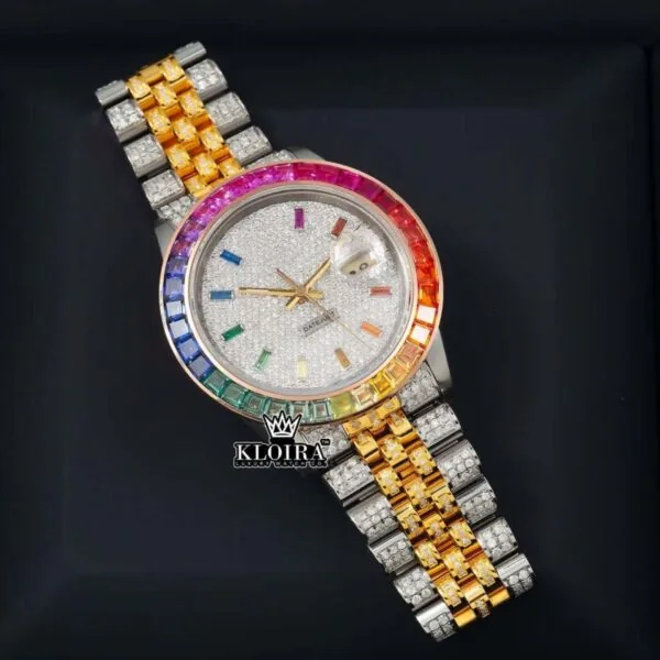 Rainbow Bezel Diamond Markers Two Tone Moissanite Watch Close Up Front View