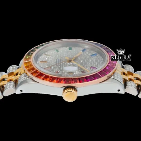 Rainbow Bezel Diamond Markers Two Tone Moissanite Watch Crown View