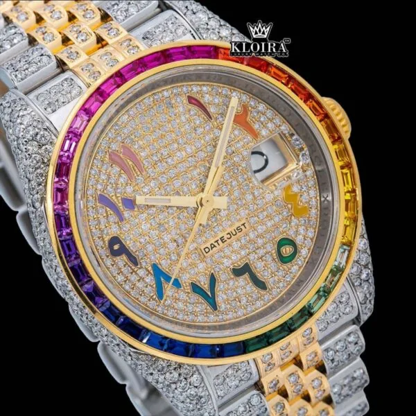 Rainbow Bezel Yellow Dial Rainbow Arabic Numerals Moissanite Diamond Watch Close Up Dial View