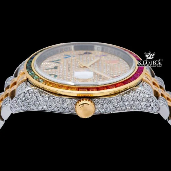 Rainbow Bezel Yellow Dial Rainbow Arabic Numerals Moissanite Diamond Watch Crown View
