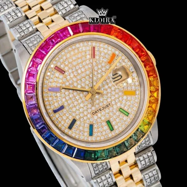 Rainbow Bezel Yellow Dial Rainbow Stick Markers Moissanite Diamond Watch Close Up Dial View