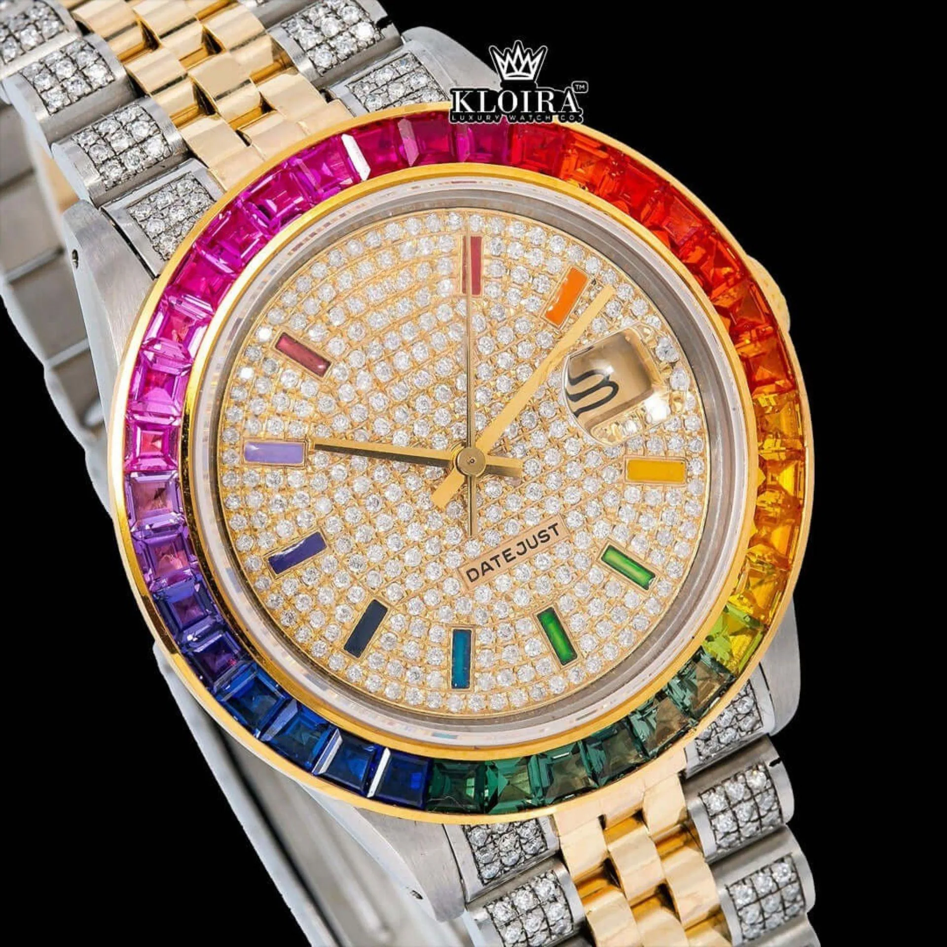 Rainbow Bezel Yellow Dial Rainbow Stick Markers Moissanite Diamond Watch Close Up Dial View