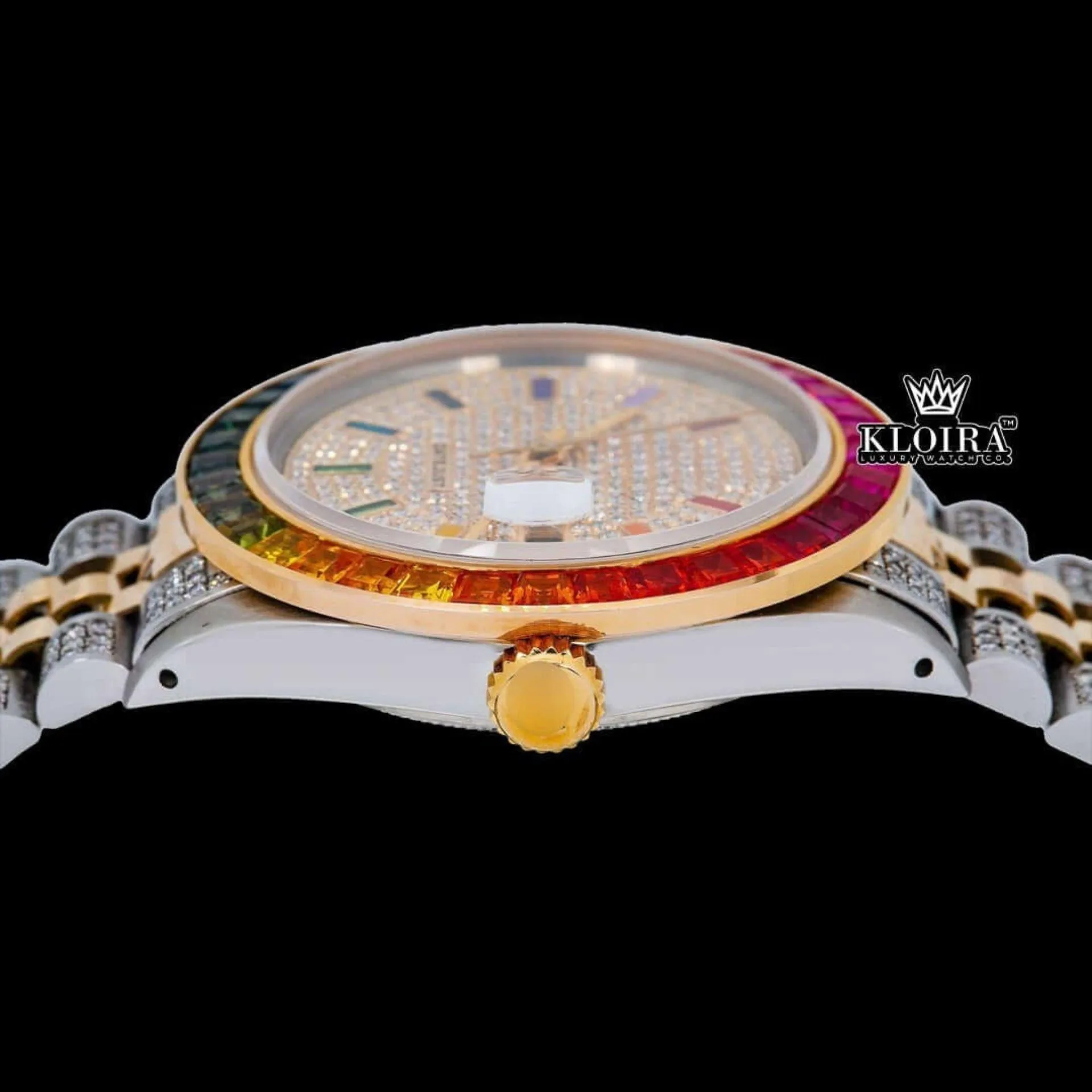 Rainbow Bezel Yellow Dial Rainbow Stick Markers Moissanite Diamond Watch Crown View