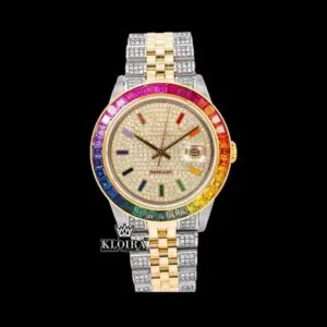 Rainbow Bezel Yellow Dial Rainbow Stick Markers Moissanite Diamond Watch