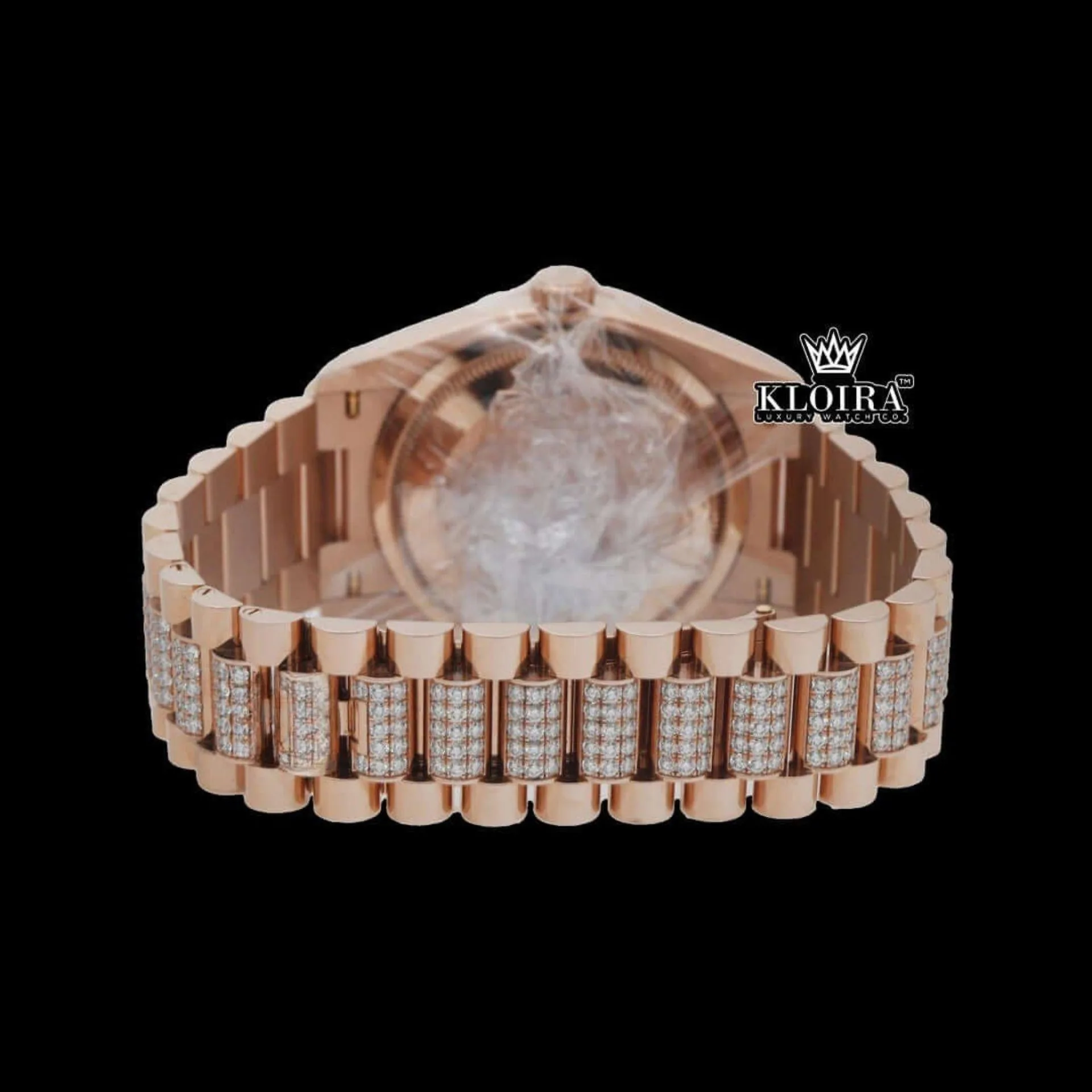 Rainbow Markers Dial Day Date Display Rose Gold Moissanite Watch Caseback View